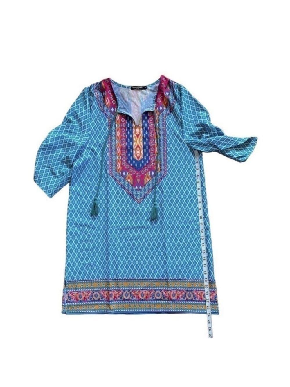 Urban Coco Blue Multicolor Ruche Sleeve Swim Coverup Dress with Tassels Medium - Picture 12 of 14